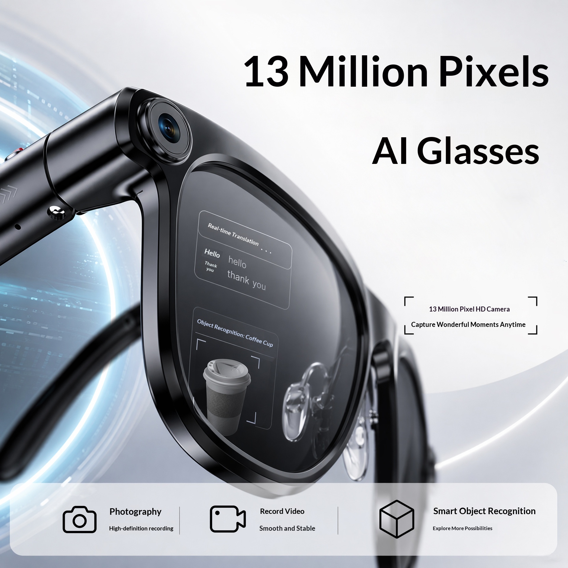 AI Inteligente Glasses, 1300 MP High Definition Camera, Anti Shake Shooting, Object Recognition Multi Functional Eyeglasses