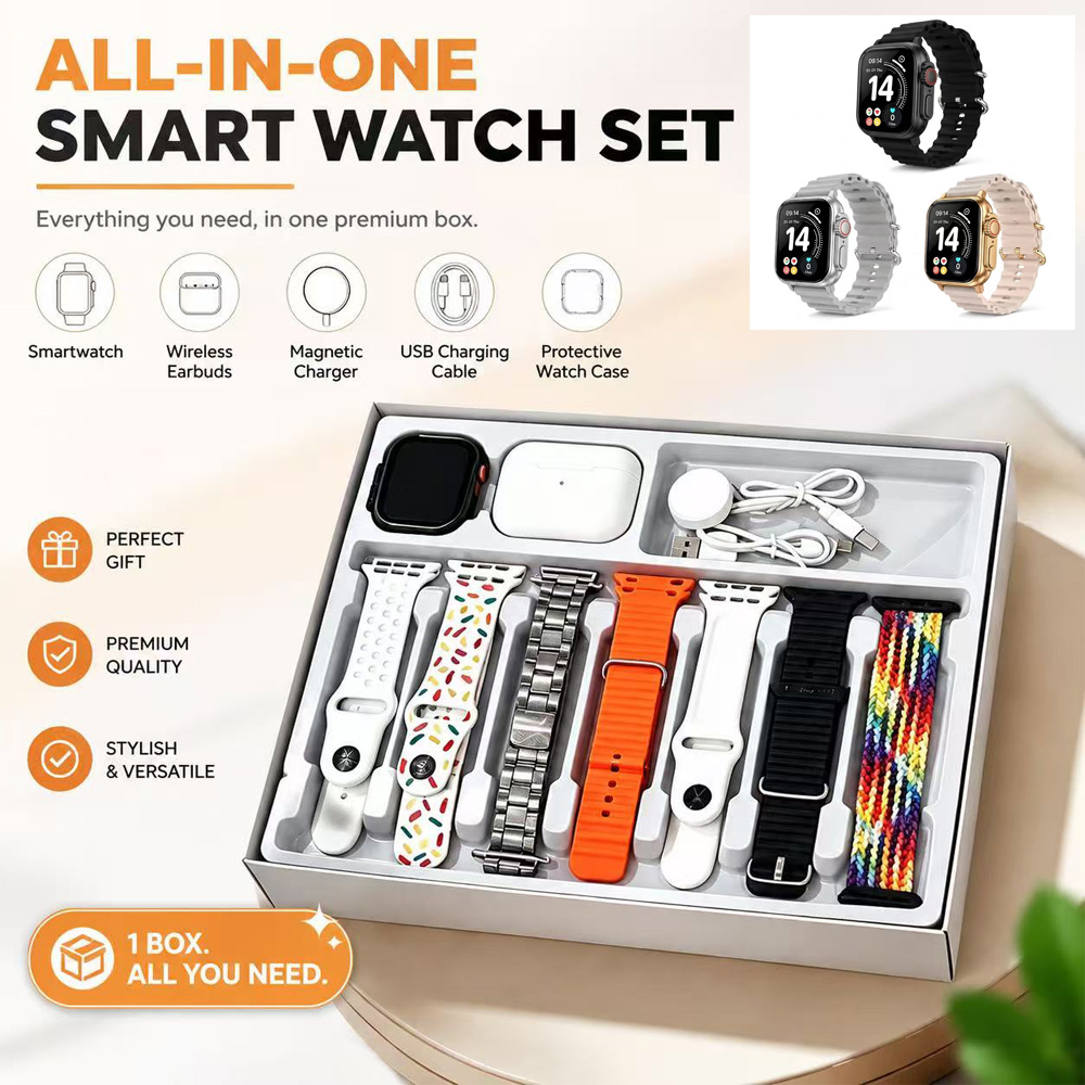 Ten-in-One Inteligente Relógio Conjunto With Sem Fio Earbuds, Multiple Relógio Bands, Magnetic Carroregador & Protective Capa, All-in-One Fitness InteligenteRelógio Gift Box For Men Women