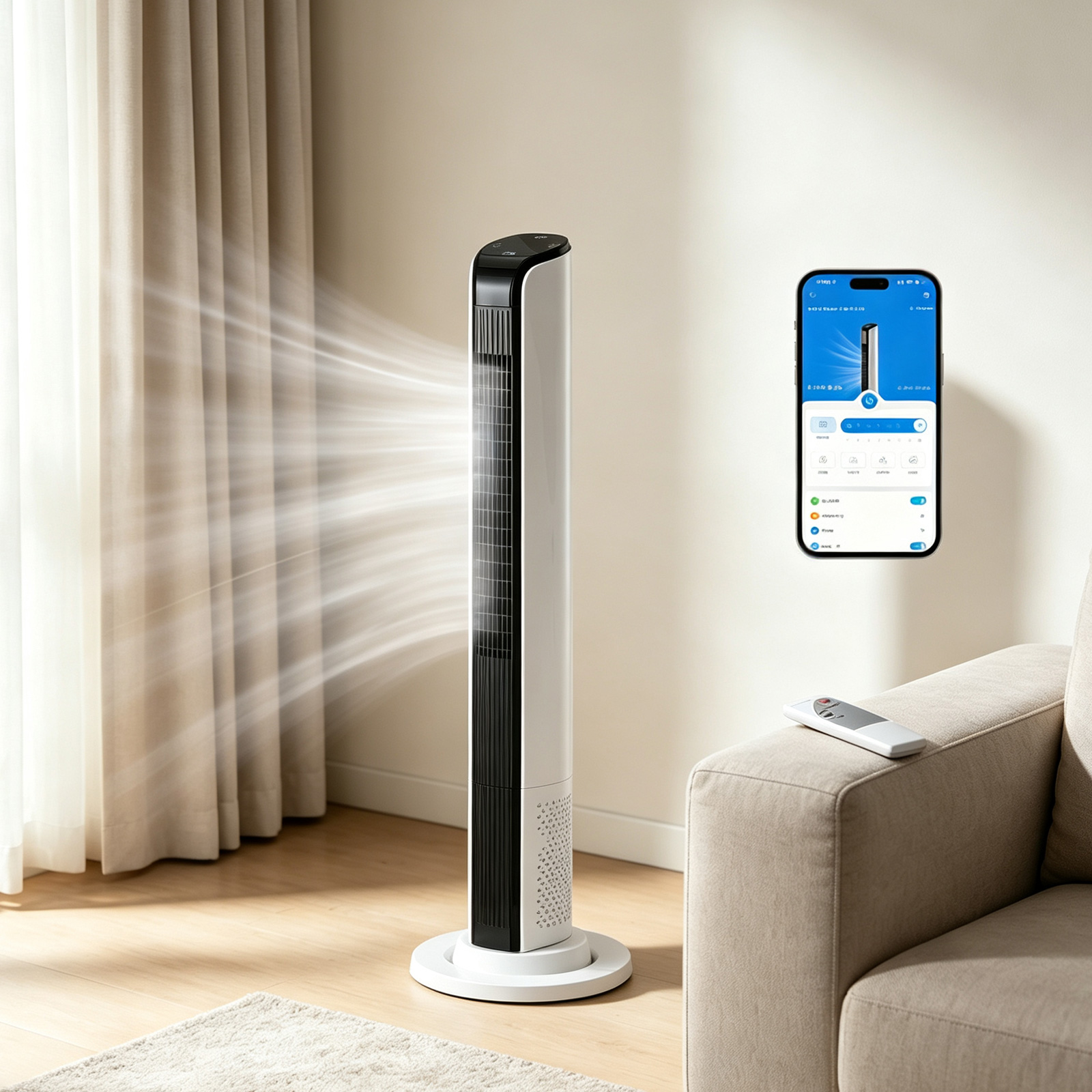 Ventilador de torre inteligente de 42 polegadas, ventilador de suporte sem lâmina com motor totalmente em cobre 110V 65W, controle remoto de aplicativo WiFi, display digital, 3 velocidades, 3 modos, temporizador 12H, ventilador de torre com economia de es
