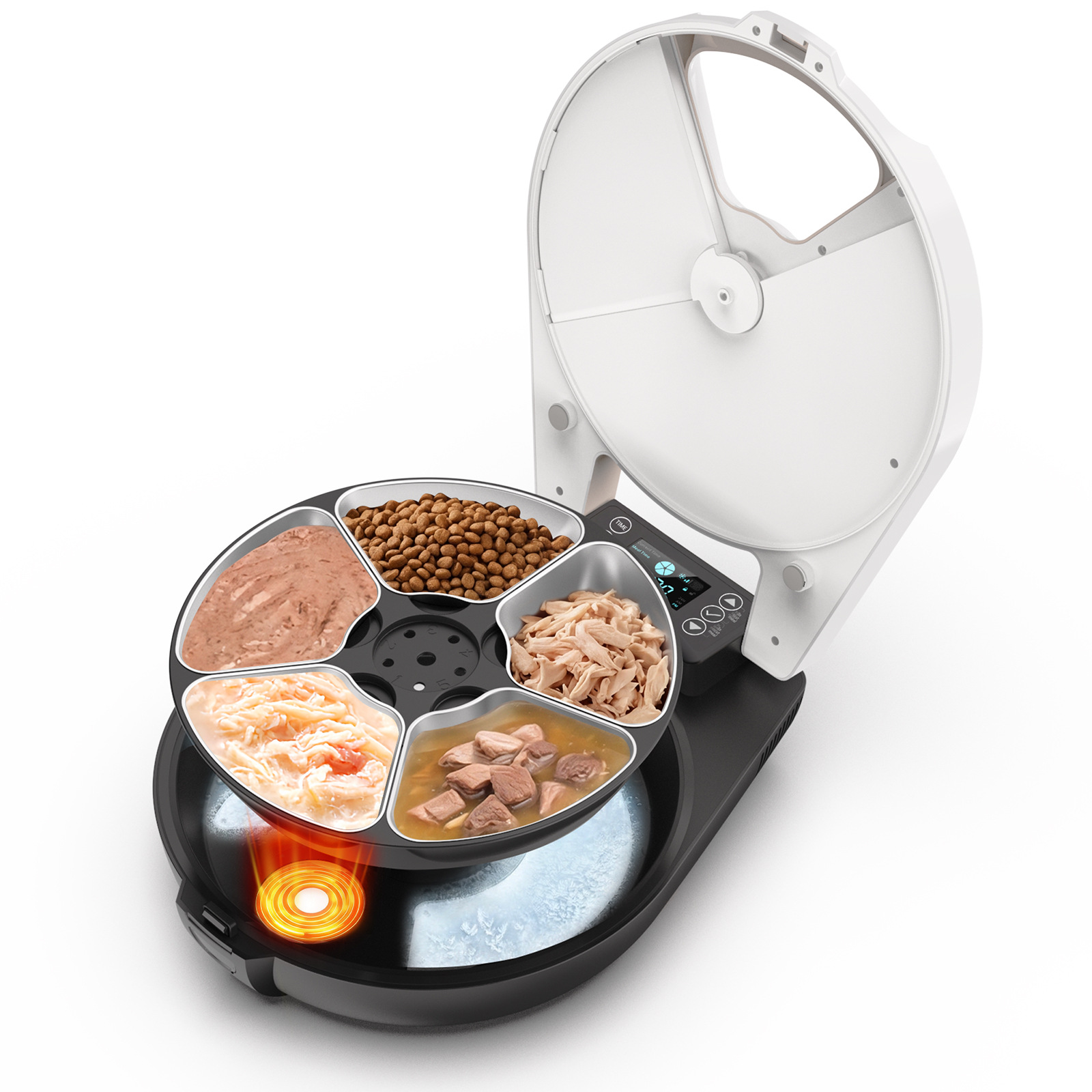 Alimentador automático para gatos com comida úmida, 3 dias, 5 refeições frescas Alimentador automático para gatos refrigerado, resfriamento e aquecimento de semicondutores com tigela de aço inoxidável 304, dispensador de comida para gatos com temporizador
