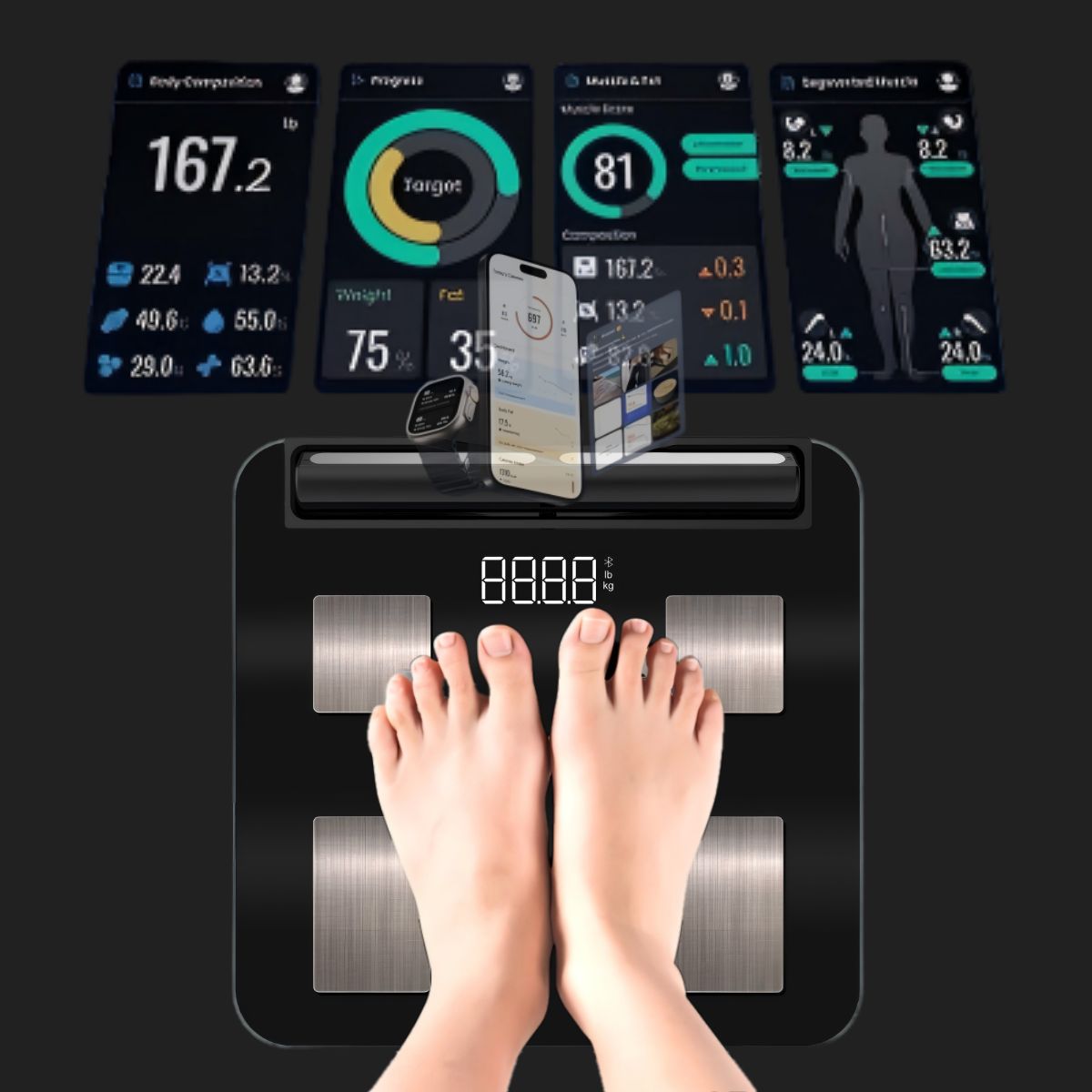 Balança Inteligente para Peso Corporal, Balança Body Pod, Balança de Composição Corporal de 8 Eletrodos com IMC, Gordura Corporal, Massa Muscular, Balança Digital de Banhoroom com Plataforma Maior, Bluetooth