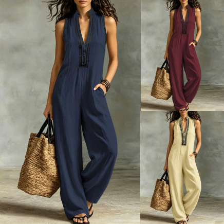 Macacão feminino sólido sem mangas gola suporte, decote em v renda guarnição solta perna larga calças compridas com bolsos, roupa casual de verão uma peça