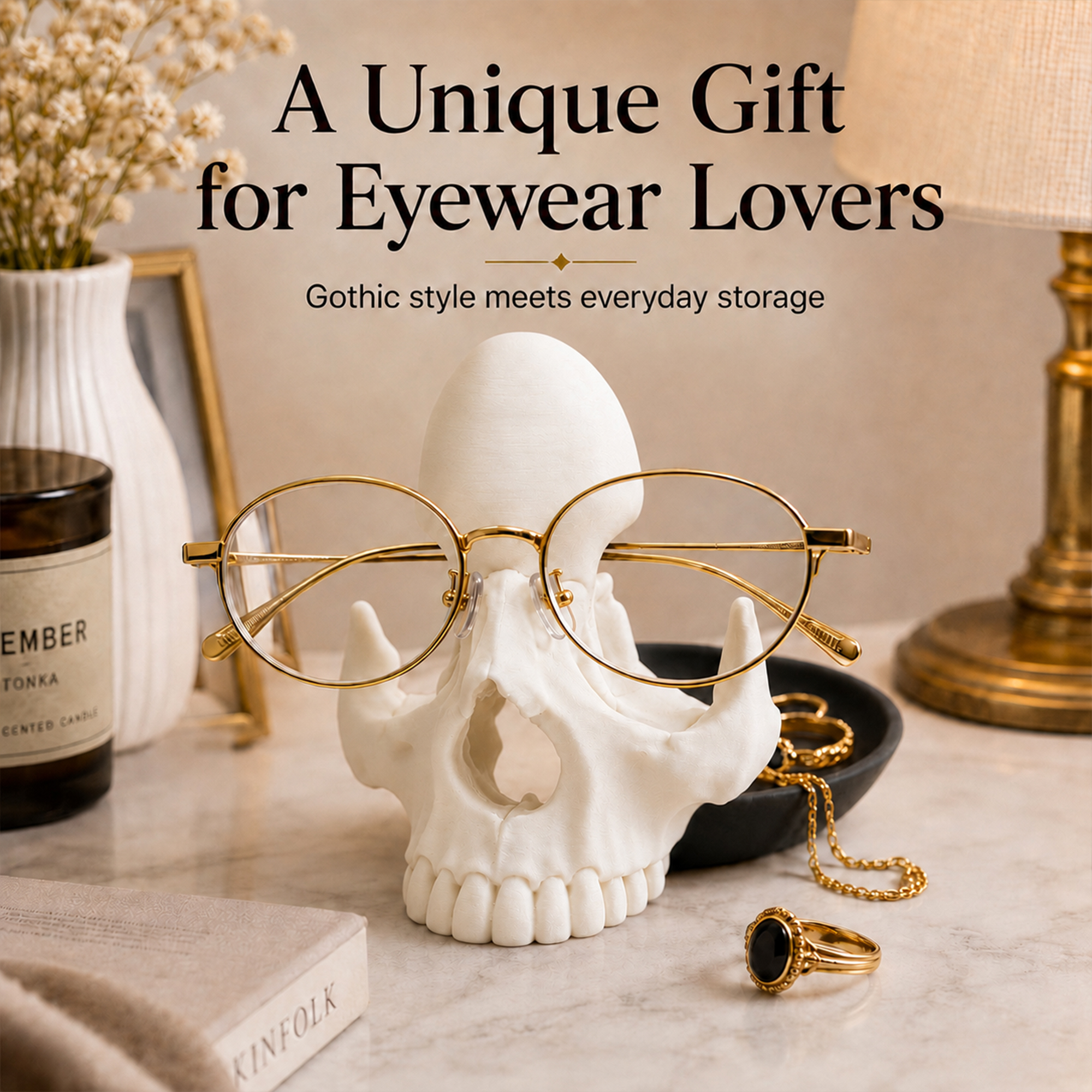 3D Estampado Skull Eyeglass Suporte With Storage Tray, Gothic Desktop Decor, Glasses Suporte de Exibição For Anels And Small Trinket