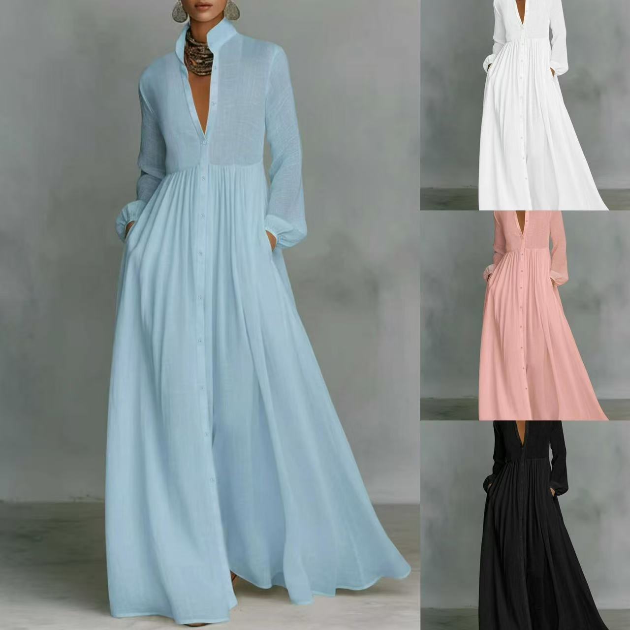 Vestido maxi feminino elegante com gola suporte e gola V, manga comprida com botão frontal solto e solto até o chão com bolsos laterais