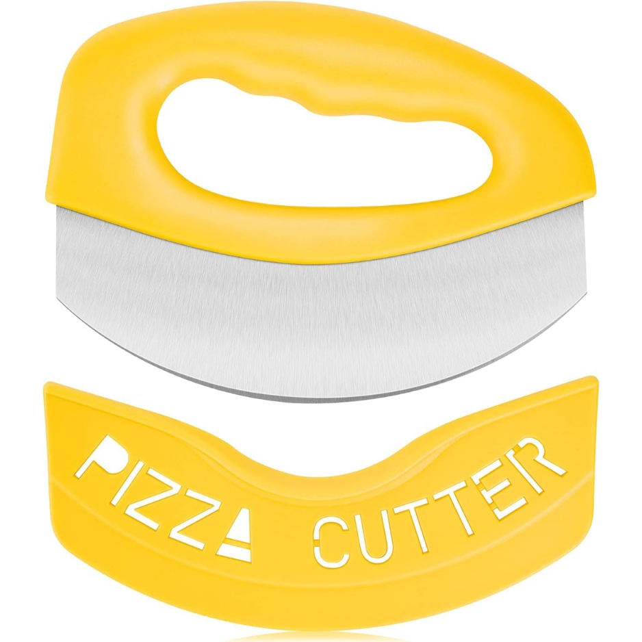 Rocker de aço inoxidável resistente do cortador de pizza com capa protetora da lâmina-faca super-afiada do cortador de pizza amarelo, 6x 4.5