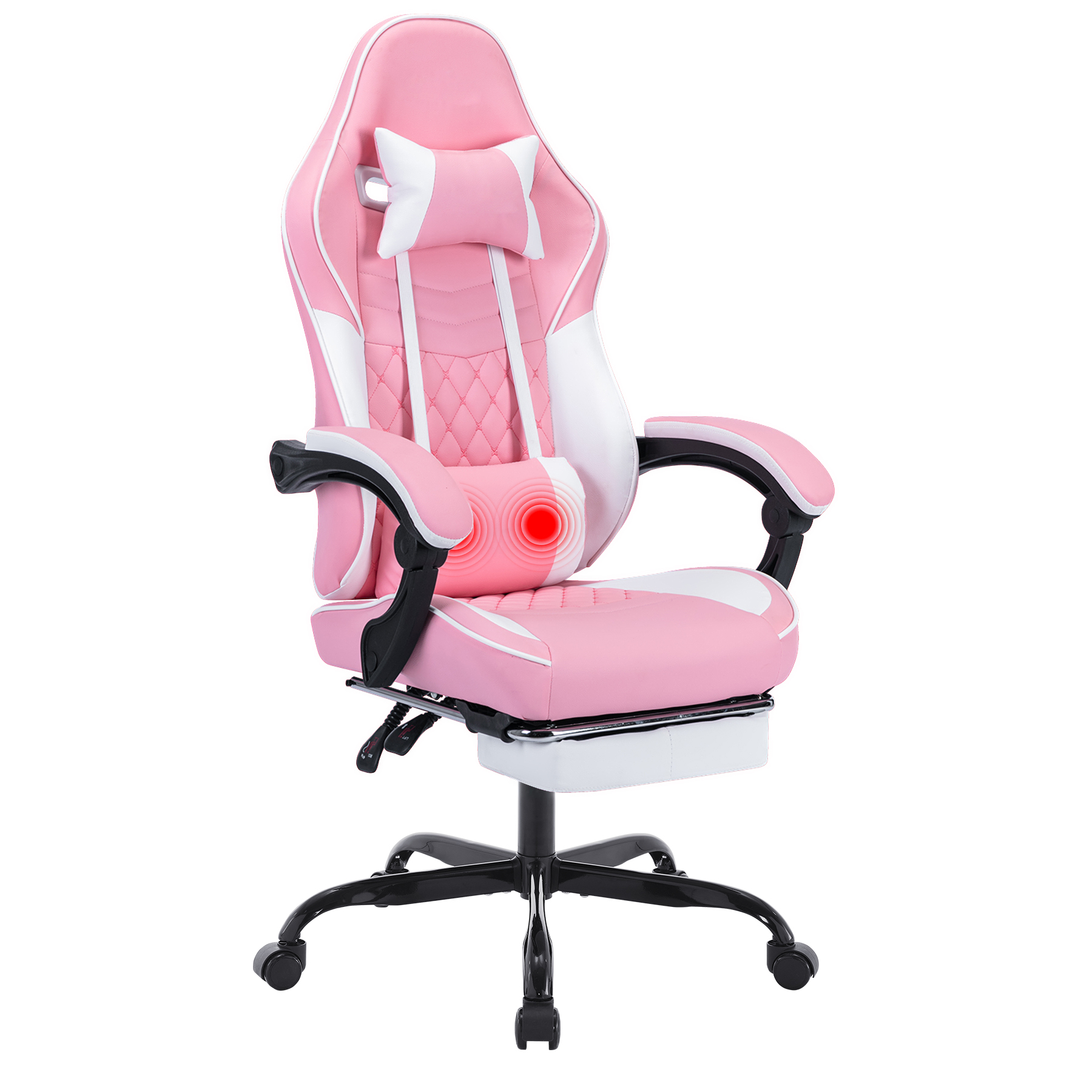 Video Gamer Ergonômico CCabelos, CCabelos para Jogos de Computador com Massagem Suporte Lombar e apoio para os pés, Computador Estilo Corrida CCabelo Encosto de Cabeça Ajustável para Adultos, Rosa Branco