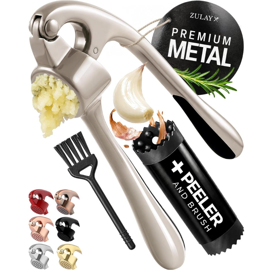 Conjunto de espremedor de alho premium à prova de ferrugem - picador fácil de apertar com descascador e escova de silicone