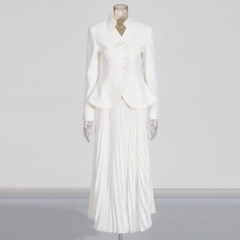 Embroidery Suporte Collar Fitted Waist Blazer & Full Pleated Midi Skirt Two-Peça Elegant Suit Conjunto