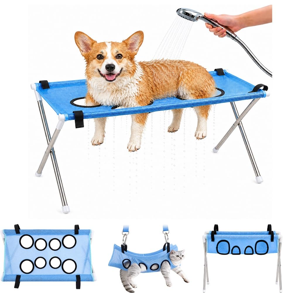 Suporte para rede para cuidados com cães, banho dobrável para cães, suporte para chuveiro CCabelo Banqueta para banho para animais de estimação resistente para cães pequenos e médios, casa salão de beleza, malha lavável, suporte para juntas e contenção