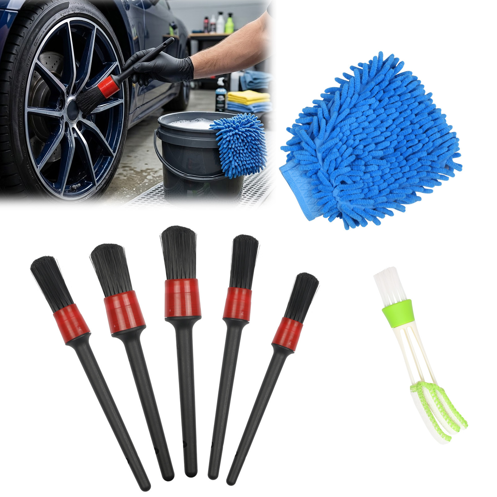 Conjunto de escovas para detalhamento de carro de 5 peças, inclui escovas para aros, aberturas e estofados, versátil kit de limpeza e acessórios