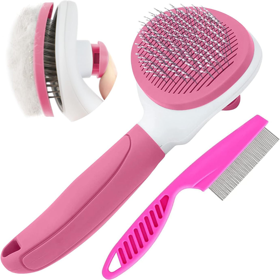 Escovas de gato para gatos internos, escova de cachorro para derramamento com pente de metal para gatos, escova de cabelo autolimpante para animais de estimação com botão de liberação para cuidar de gatinhos