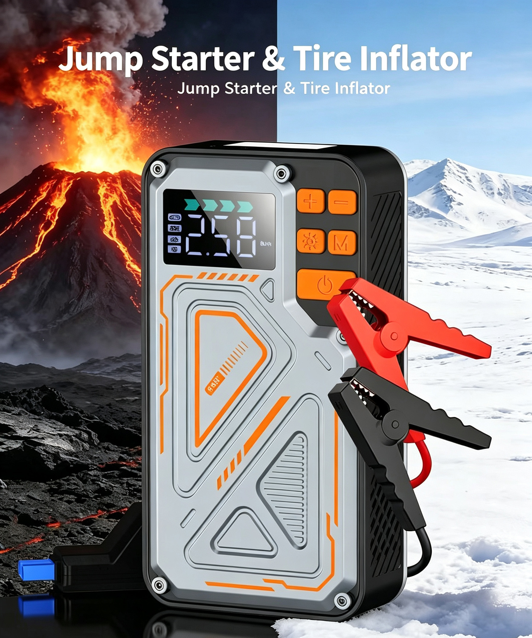 Tire Inflator, Auto Emergency Bateria Booster Pacote With Air Compressor, Onboard Air Compressor