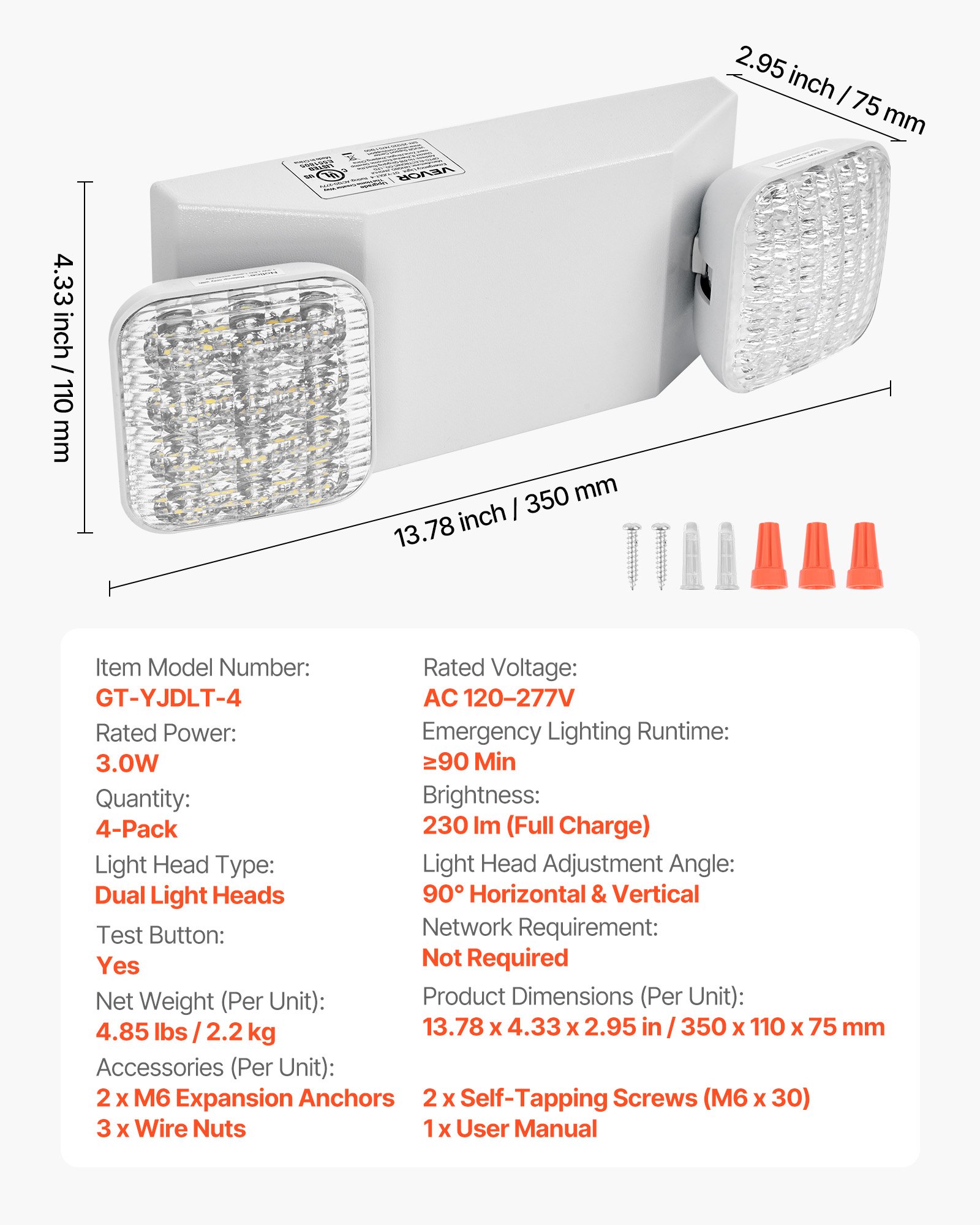 4 Pacote Luzes de Emergência Para Negócios, Com Bateria Backup, Luminárias de Saída de Emergência LED Comercial, AC 120/277V, Com Duas Cabeças Quadradas Ajustáveis, Backup de 90 Minutos, Para Negócios, Branco