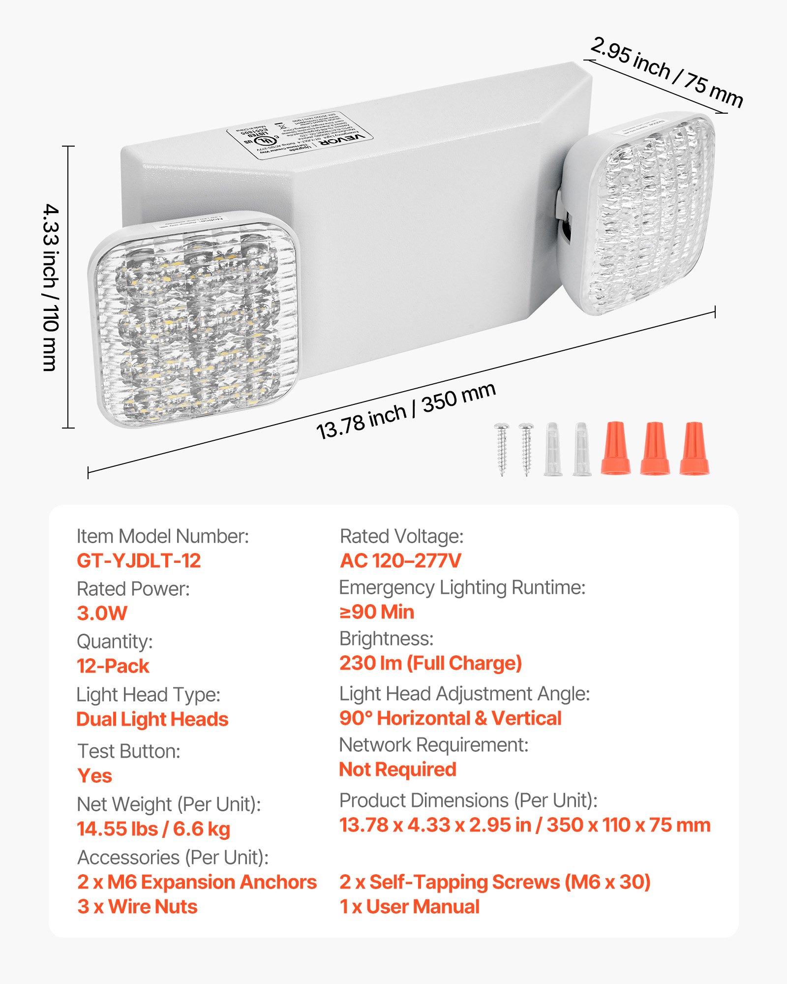 12 Pacote Luzes de Emergência Para Empresas, Com Bateria Backup, Luminárias de Saída de Emergência LED Comercial, AC 120/277V, Com Duas Cabeças Quadradas Ajustáveis, Backup de 90 Minutos, Para Empresas, Branca