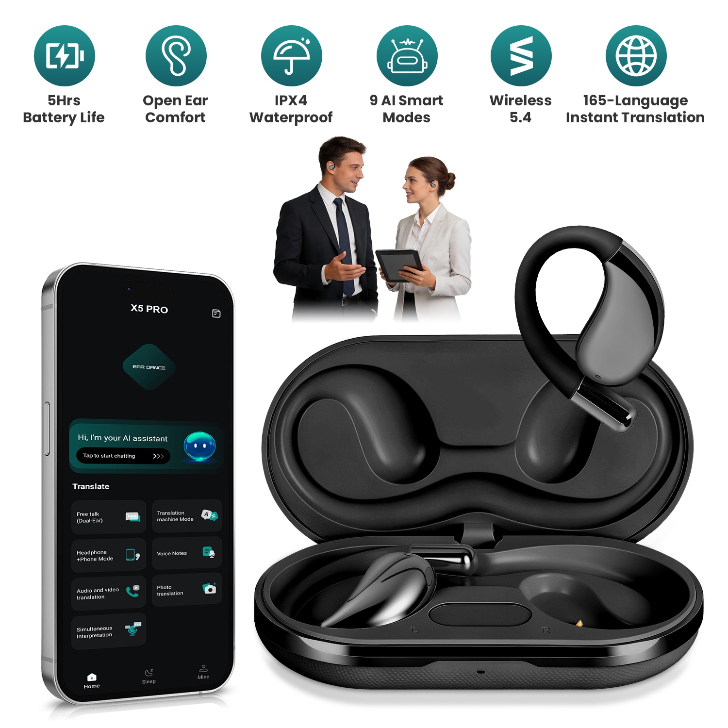 Fones de ouvido de tradução de IA de ouvido aberto Fone de ouvido de IA em tempo real de 165 idiomas Sem Fio 5.4 Fones de ouvido de tradução com capa de carregamento para reuniões de viagem Aprendizagem de idiomas
