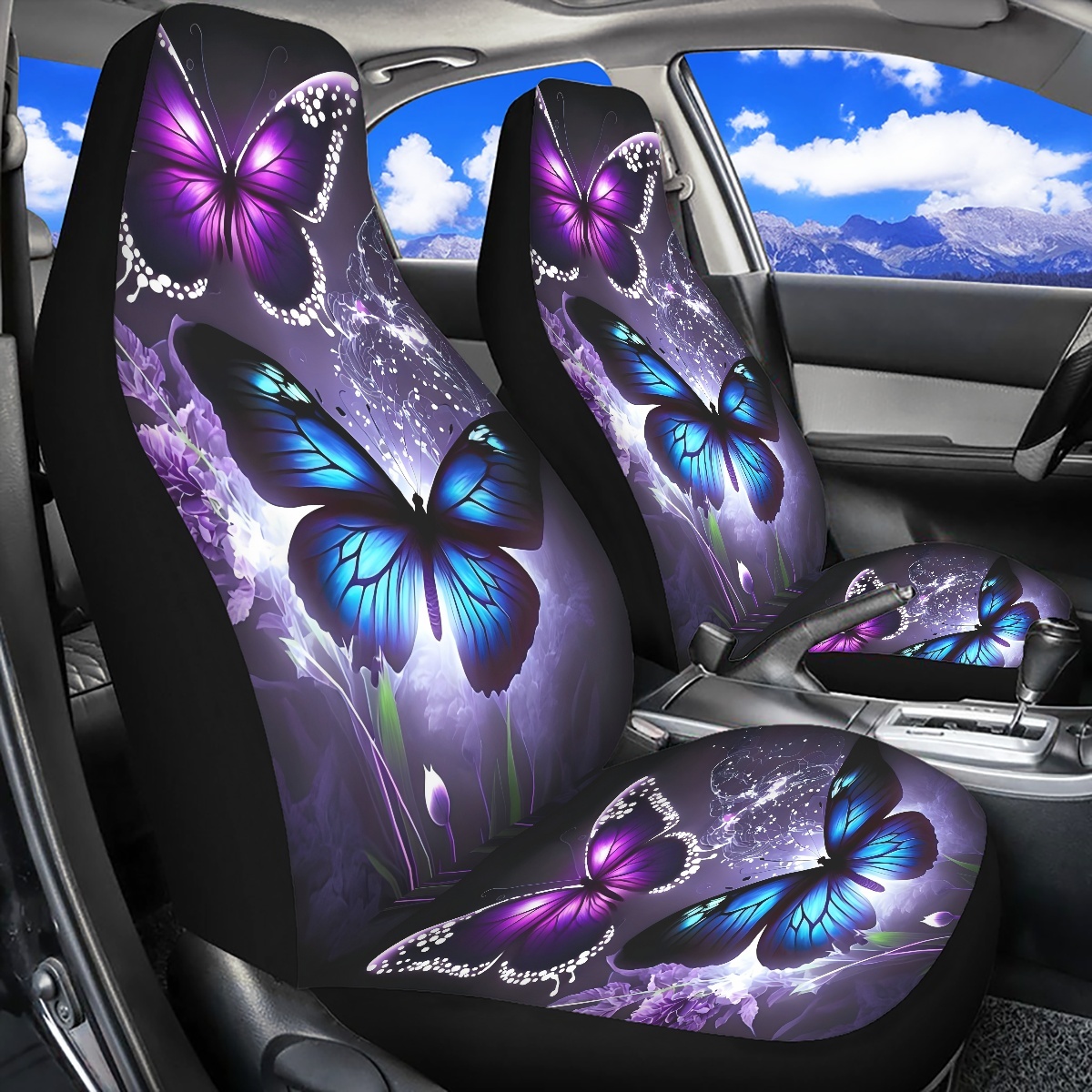 2 capas de assento de carro dianteiro, estampado digitalmente com padrões de borboleta, fino, adequado para todas as estações, capas de assento de carro modaable