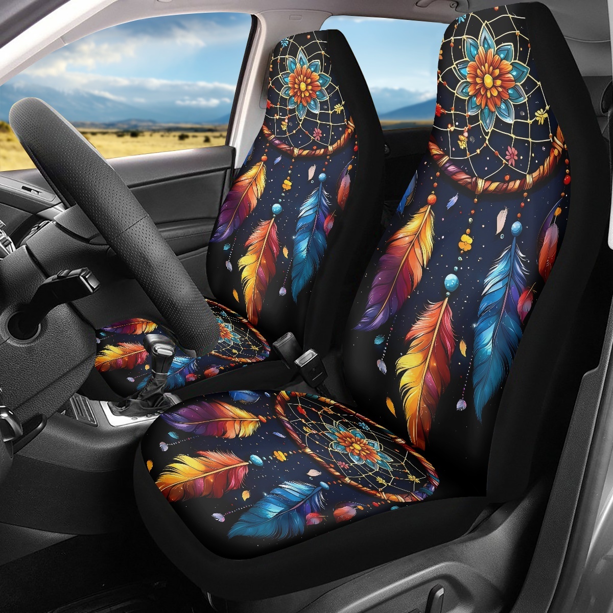 2 capas de assento de carro dianteiro, estampado digitalmente com padrões de penas, fino, adequado para todas as estações, capas de assento de carro modaable