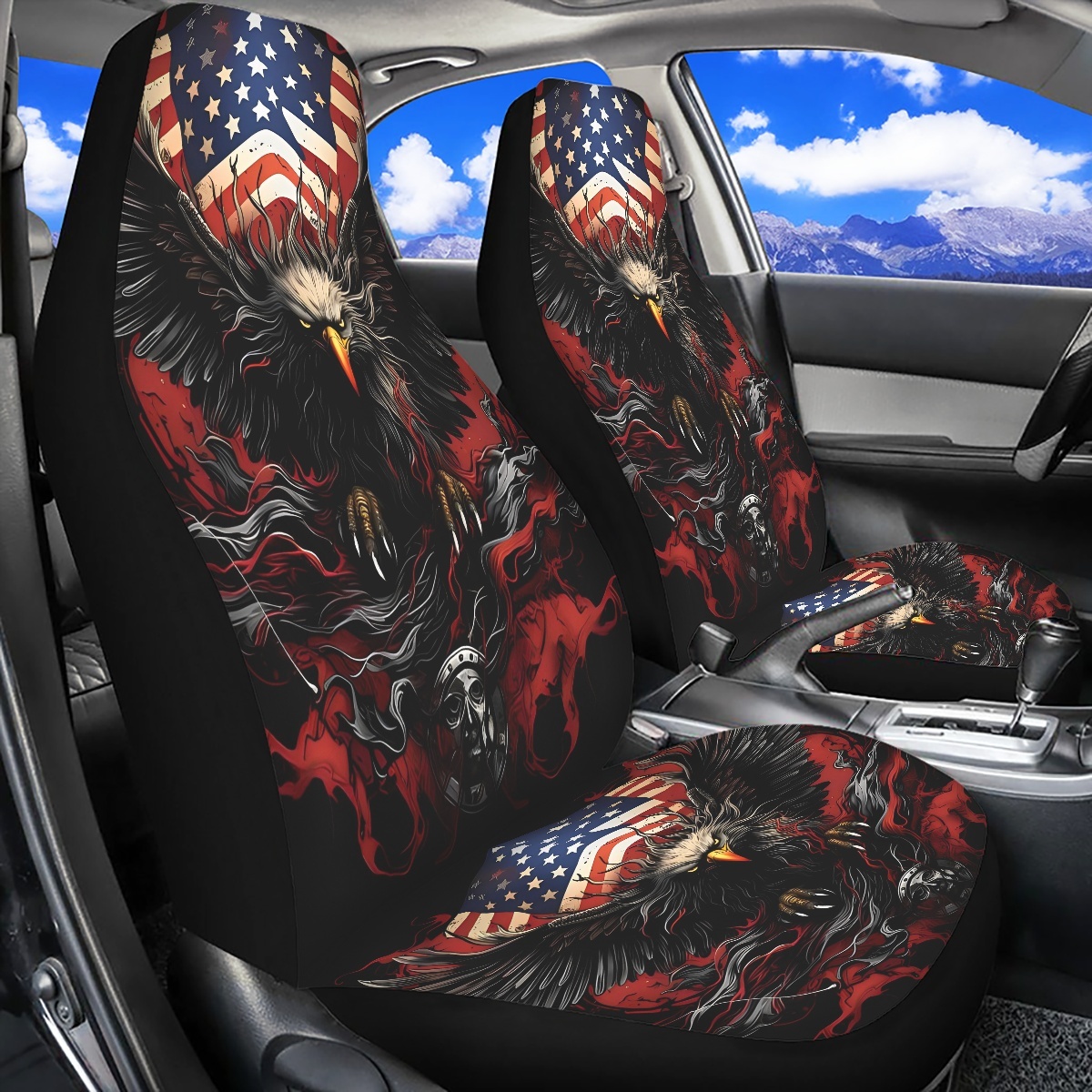 2 capas de assento de carro dianteiro, estampado digitalmente com padrão de águia, fino, adequado para todas as estações, capas de assento de carro modaable