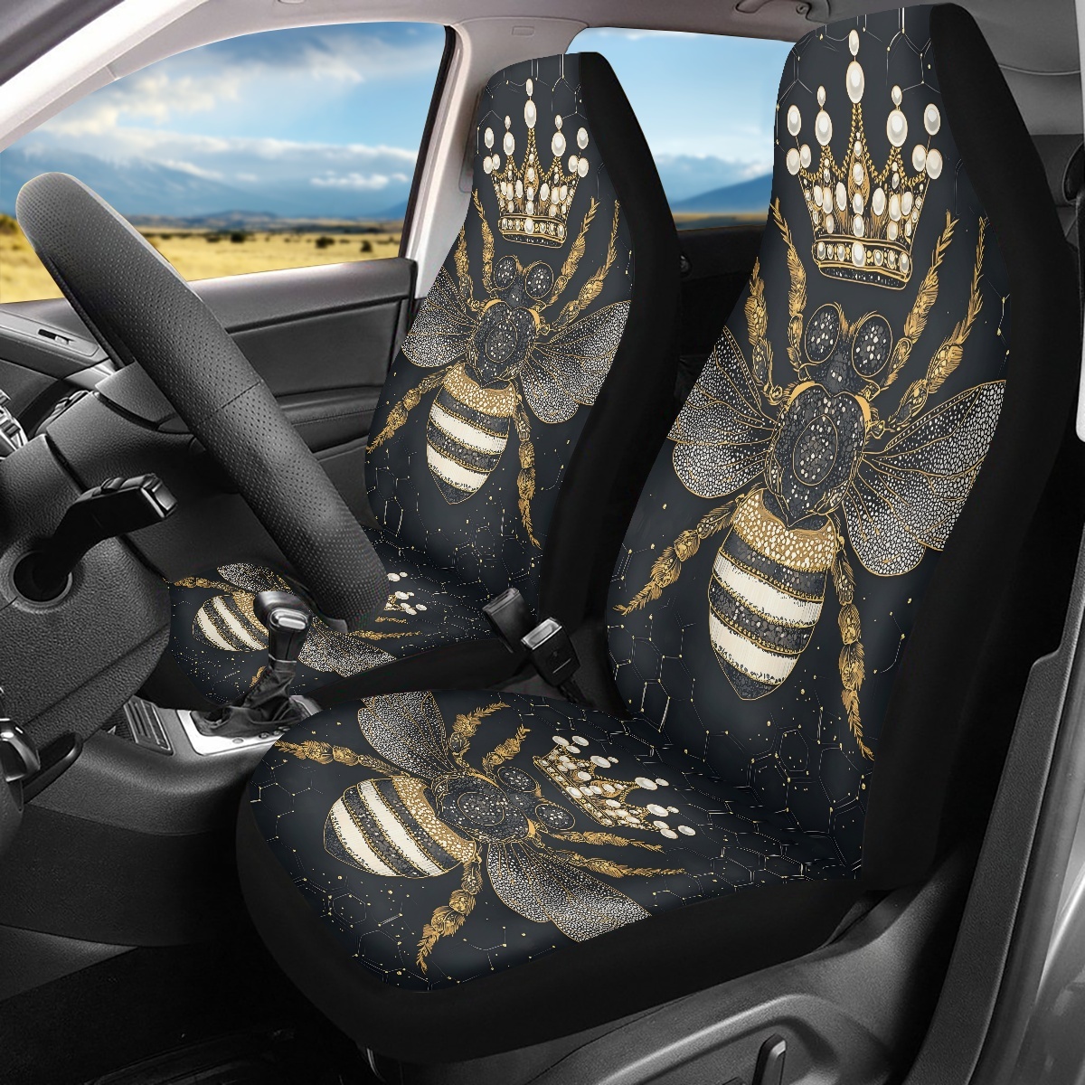 2 capas de assento de carro dianteiro, estampadas digitalmente com padrão de abelha, finas, adequadas para todas as estações, capas de assento de carro modernas