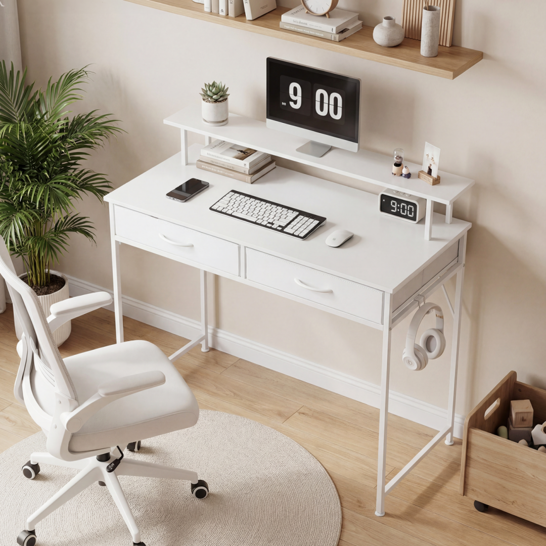 Mesa de computador pequena casa, escritório, quarto, escrita, estudo, pc, com espaço de armazenamento, tecido, bolsa lateral, fone de ouvido, gancho, estrutura de metal ajustável