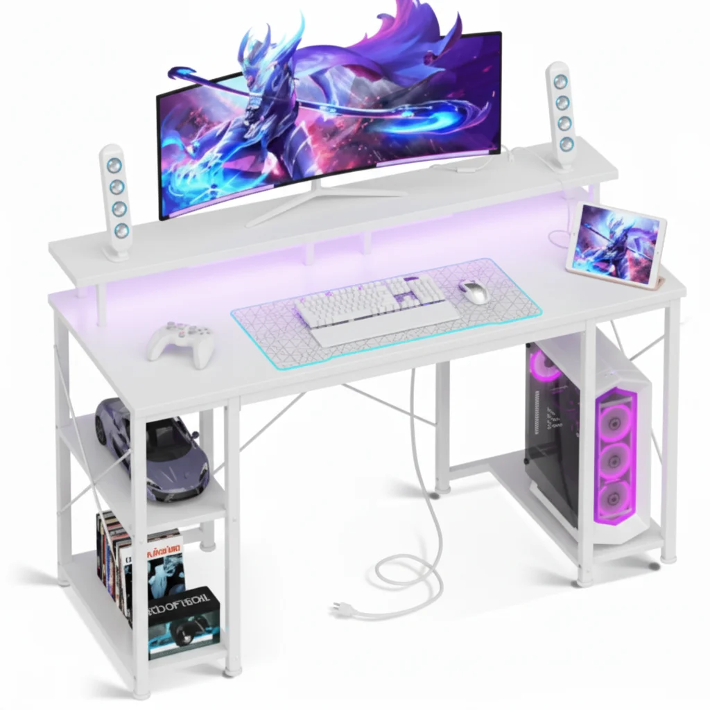 Mesa Gaming de 48 polegadas, Equipada com Luz LED e Tomada, Suporte para Monitor FeatuAnel, Dispositivo de Controle de Aplicativos e Gancho para Fone de Ouvido