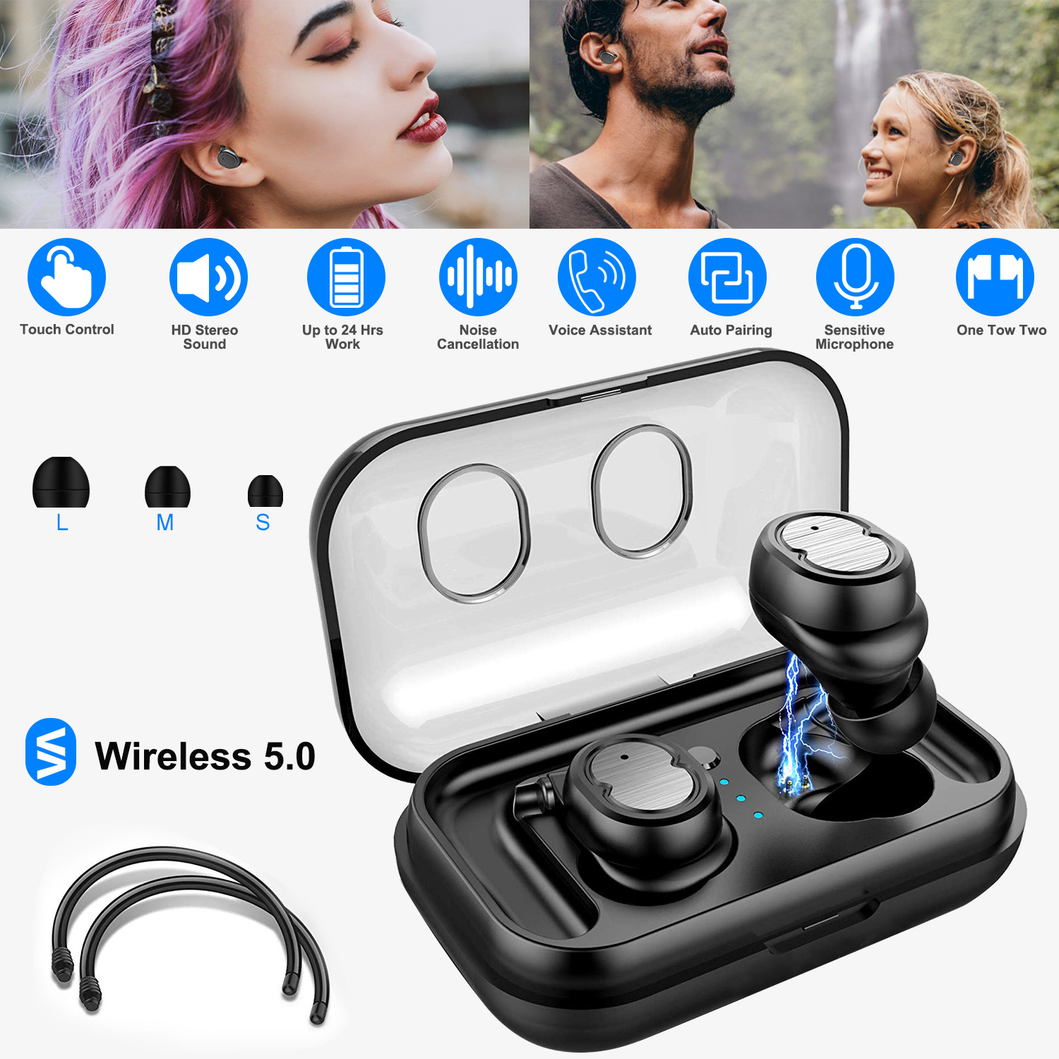 Fones de ouvido TWS Sem Fio 5.0 IPX4 Touch intra-auricular estéreo com cancelamento de ruído EarPeças Faixa de transmissão de 32,8 pés com microfone 500mAh base de carregamento magnético