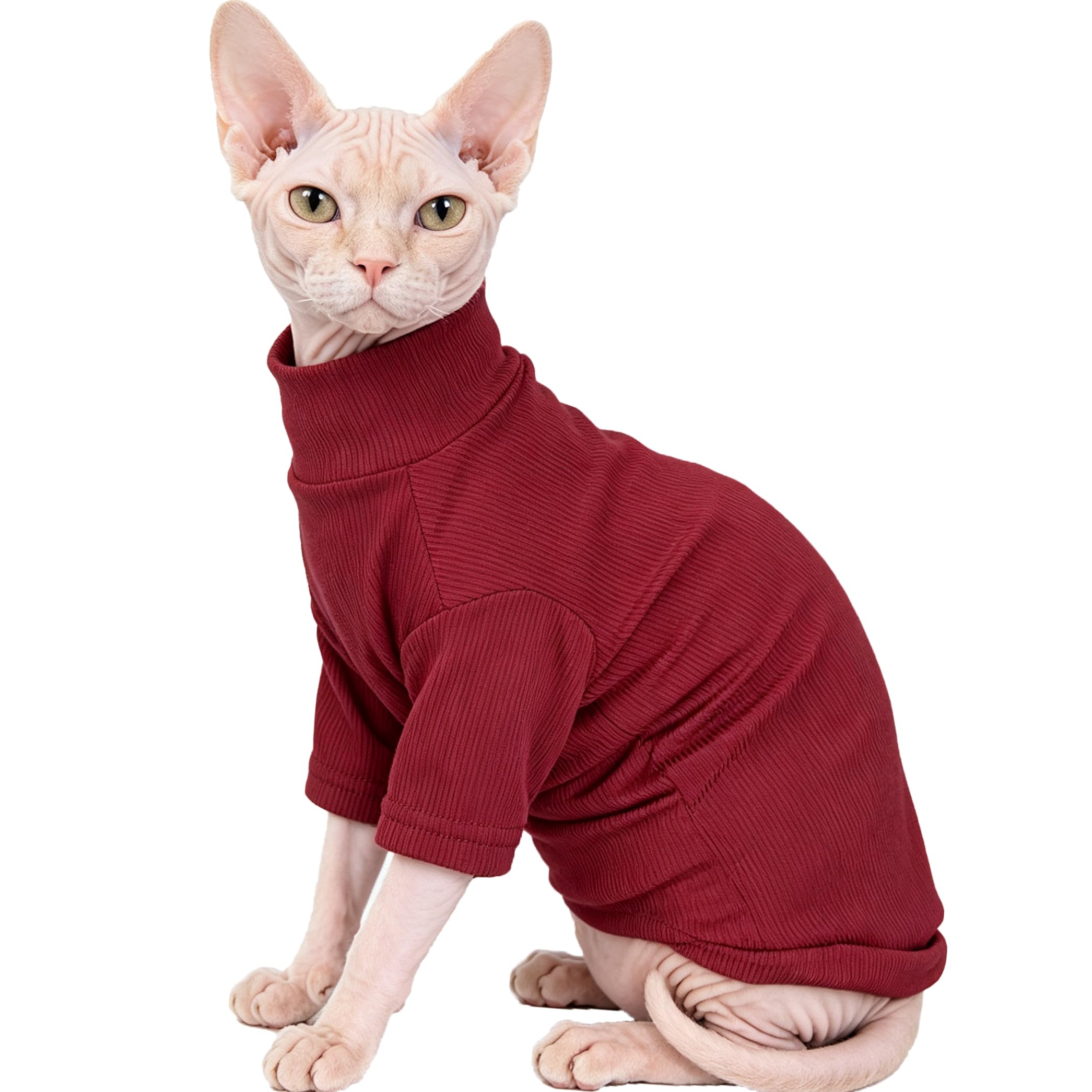 Roupa para Gatos Sphynx — Camiseta Gola Alta com Mangas, Pijama para Gatinhos (Vinho)
