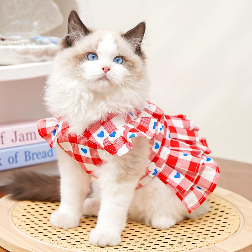 Vestido Xadrez Vermelho com Coração para Cães Pequenos - Primavera/Verão, com Argola para Guia