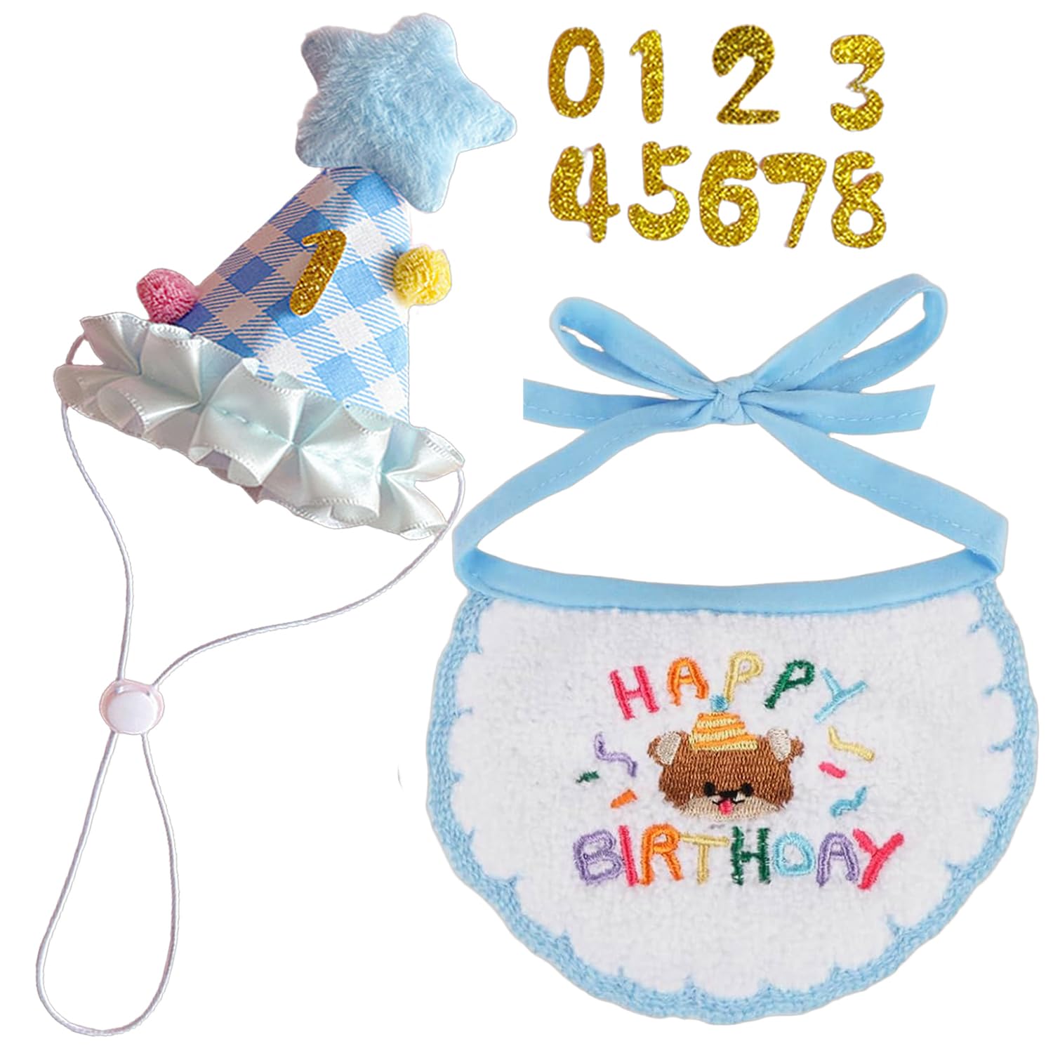 Kit de Aniversário para Gatos — Chapéu Numerado e Bandana Bordada