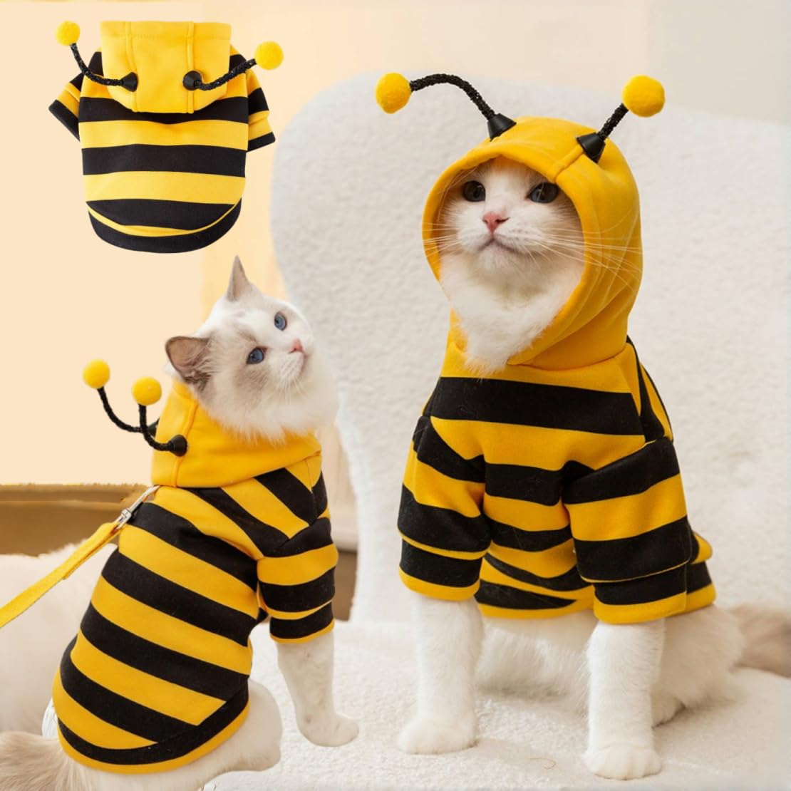Fantasia Abelha para Gatos — Hoodie Fleece com Antenas Dobráveis