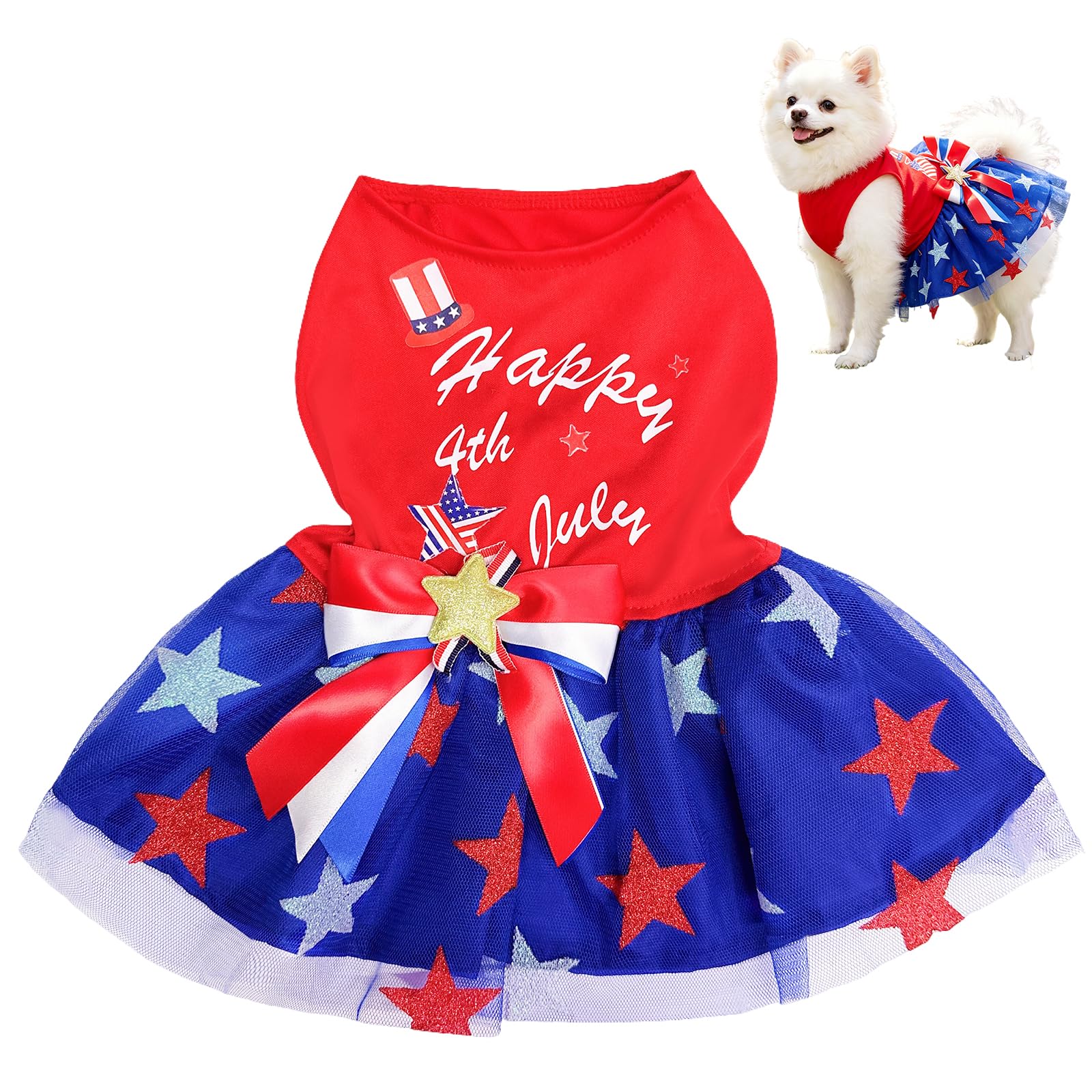Vestido de Tule Patriótico para Cães - Dia da Independência, com Laço e Estrelas