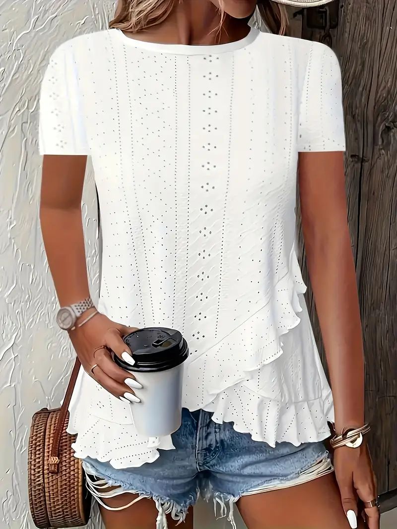 Blusa Plus Size 2026 Verão Europa/EUA - Barra Assimétrica com Babados, Manga Curta