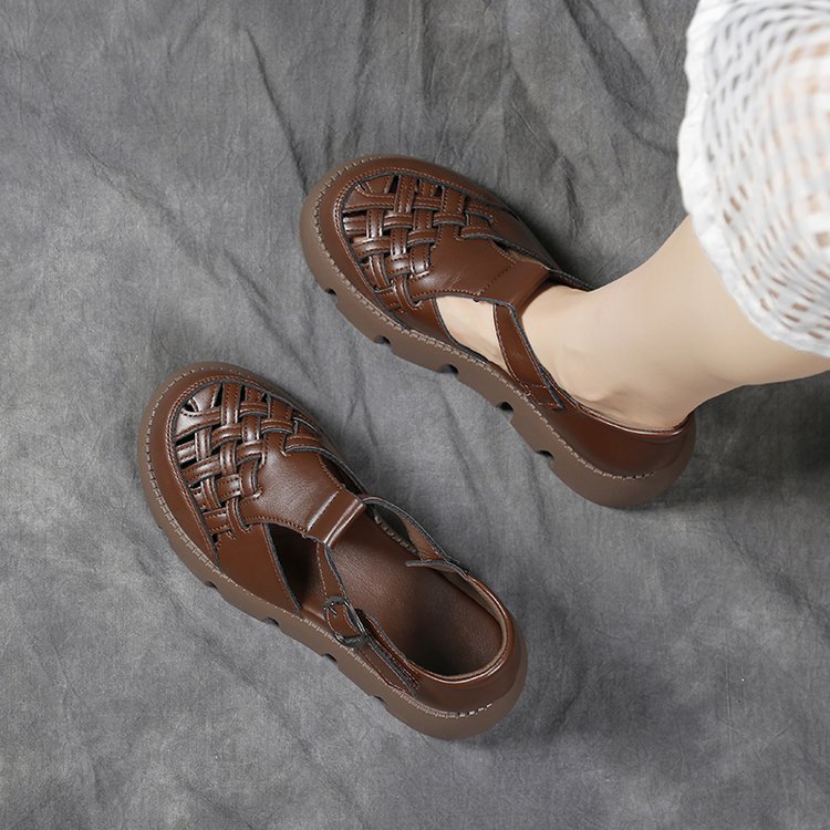 Women's New Summer Full Grain Leather Platform Velcro Sandals, Lightweight Comfort Retro Versatile Chunky Sole Shoes