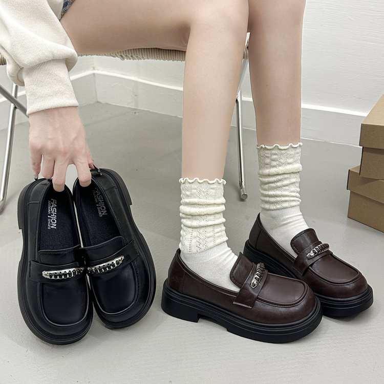 Women's Platform Loafers New Spring Slip On Single Shoes British Style Commuter Versatile JK Leather Shoes