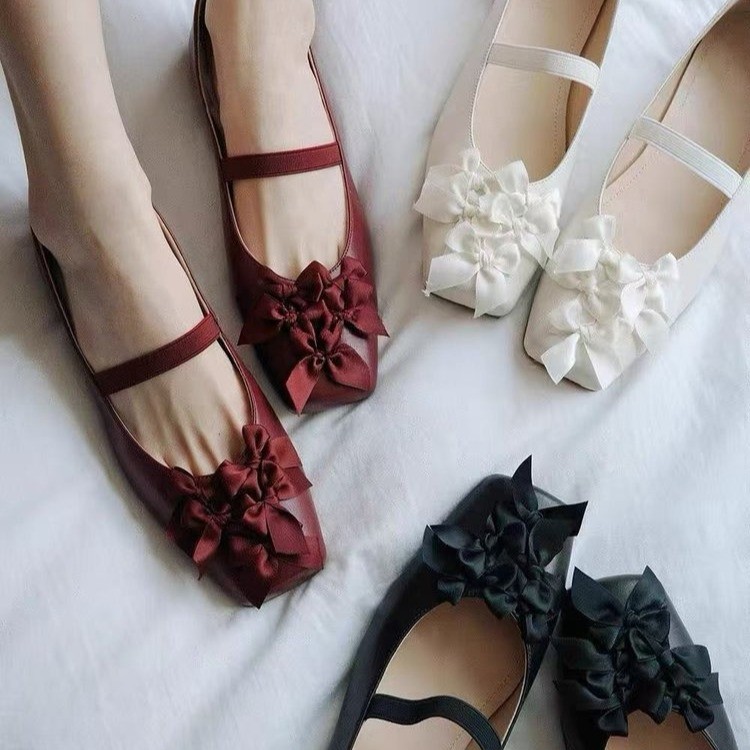 Women French Bow Square Toe Mary Jane Shoes 2025 New Elegant Block Heel Soft Sole Low Cut Ballet Flats