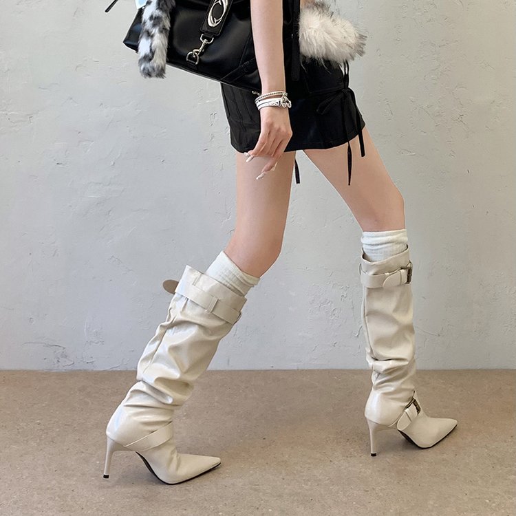 Women Hot Girl Style European American Pointed Toe White Slouch Boots, Autumn Belt Buckle High Heel Tall Boots