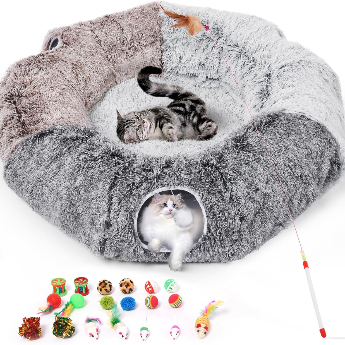 Túnel Donut Grande para Gatos 87 pol. com Cama Aconchegante e 20 Brinquedos