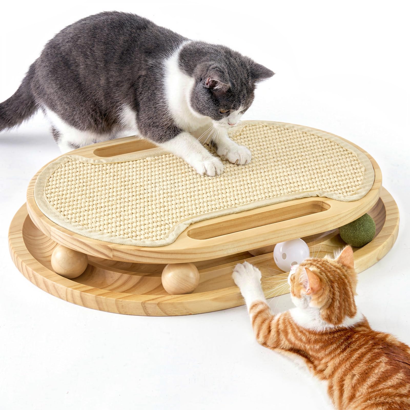Arranhador para Gatos com Pista de Bolas — Tapete de Sisal para Uso Interno, Brinquedo Interativo de Madeira para Gatos Adultos e Filhotes, Estímulo Mental com Bolinhas Giratórias