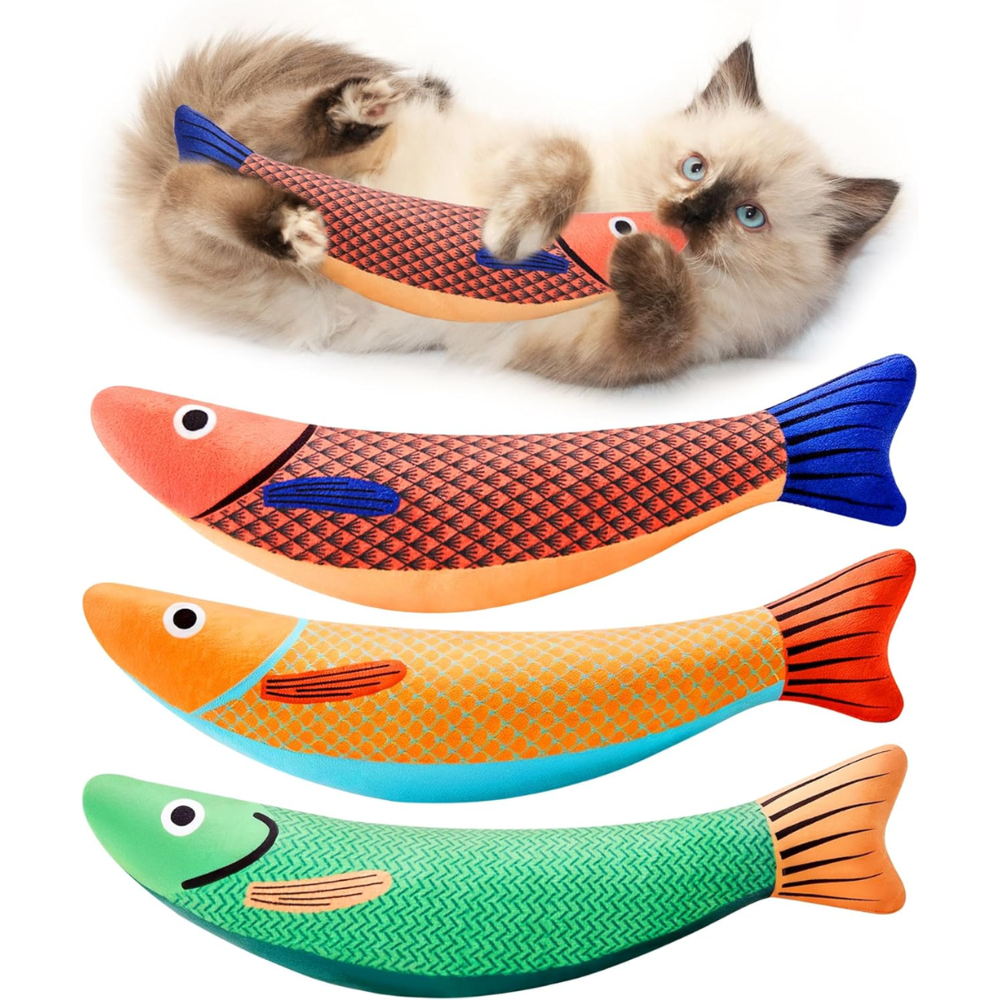 Kit 3 Brinquedos para Gatos Peixe Saury com Catnip e Som Crocante — Macios e Duráveis