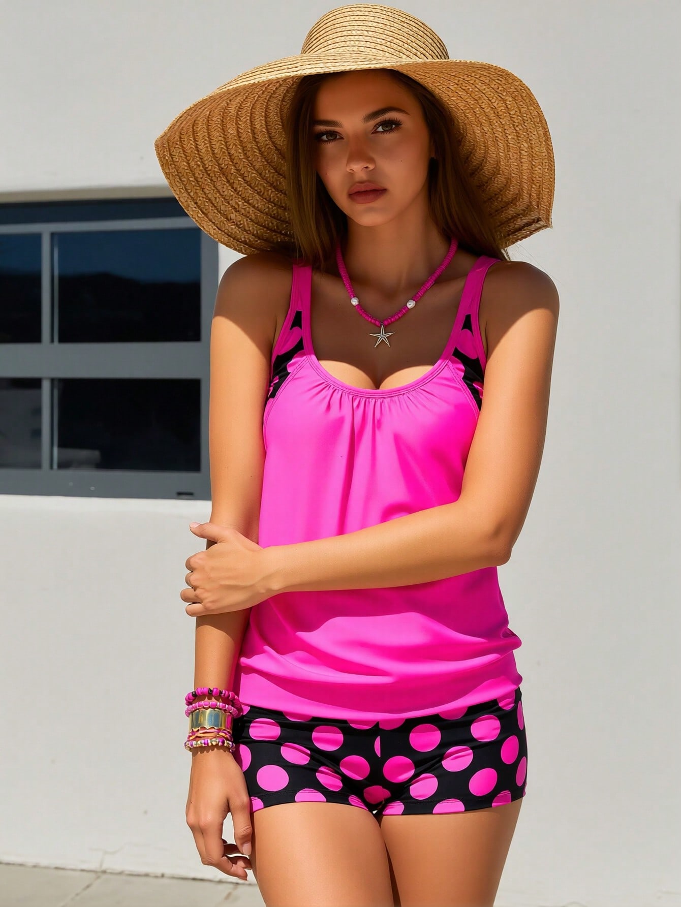 Conjunto de maiô Novo Hot Tankini 2026, regata solta com gola redonda e calcinha boyshort de bolinhas